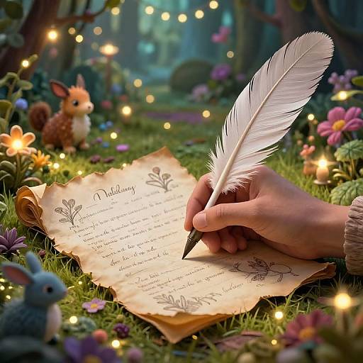 A hand writing with a white feather quill on enchanted, fairy-lit parchment surrounded by a whimsical forest, featuring a squirrel and colorful flowers.