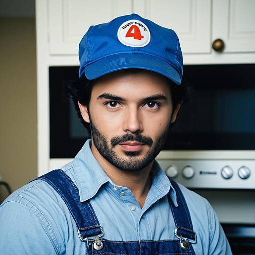 Portrait of Male Plumber in Blue Overalls and Cap