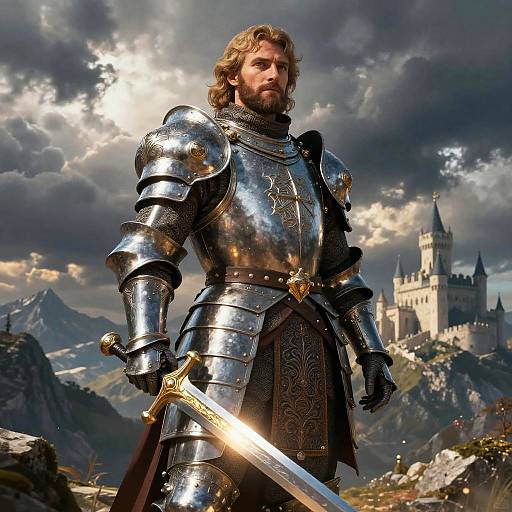 Photograph-style CGI of a bearded, blonde, armored knight with a glowing sword, standing before a medieval castle in a dramatic mountain landscape under cloudy