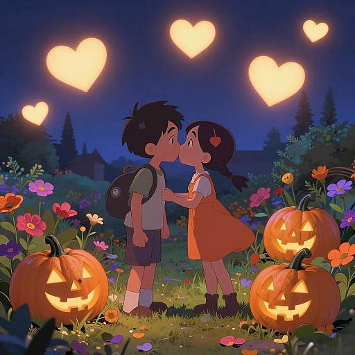 Animated Boy and Girl Kissing in Halloween Garden