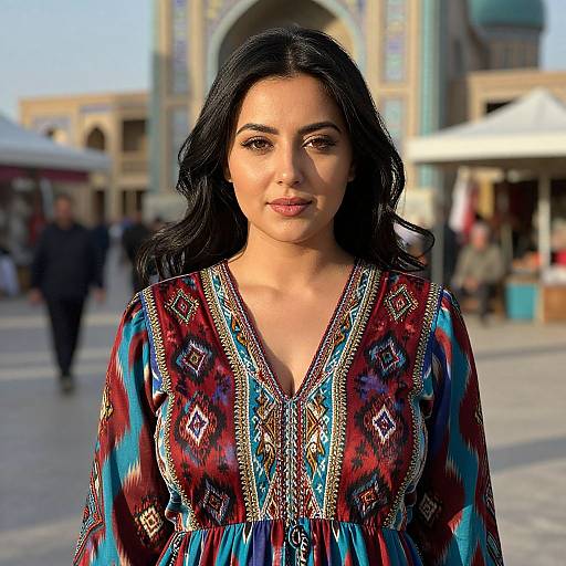 Elegant Uzbek Woman in Vibrant Ikat Dress