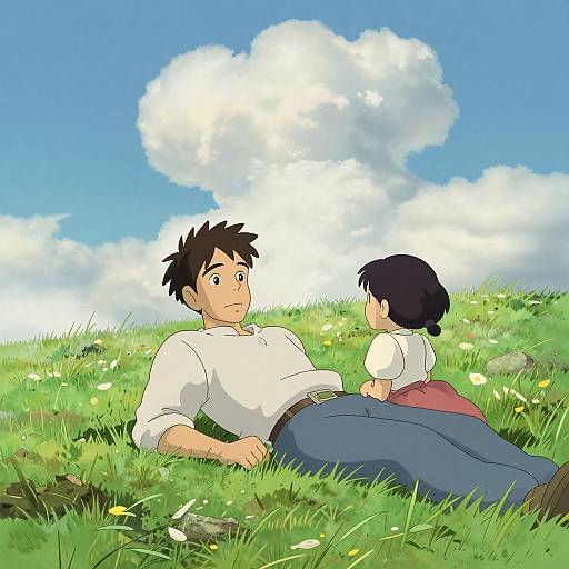 Anime-style drawing of a young man with black hair lying on grass, looking at a young girl with black hair in a white shirt and red skirt,