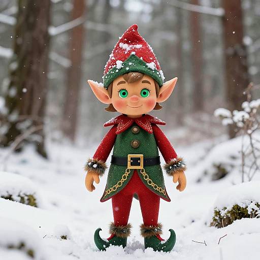 Photograph of a whimsical, green-eyed elf doll with red and green outfit, pointy hat, and belt, standing in a snowy forest.