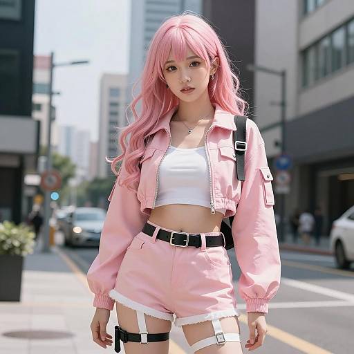 Young Woman in Pink Cosplay Outfit on City Street