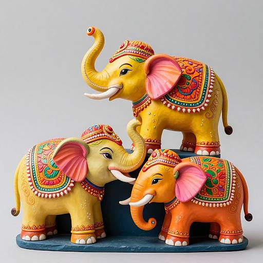 Photograph of three colorful, intricately decorated ceramic elephants with yellow, orange, and yellow-orange hues, standing on a blue base.