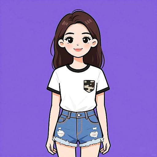 Digital anime-style drawing of a young girl with long brown hair, wearing a white t-shirt with a black emblem, and blue, frayed denim shorts