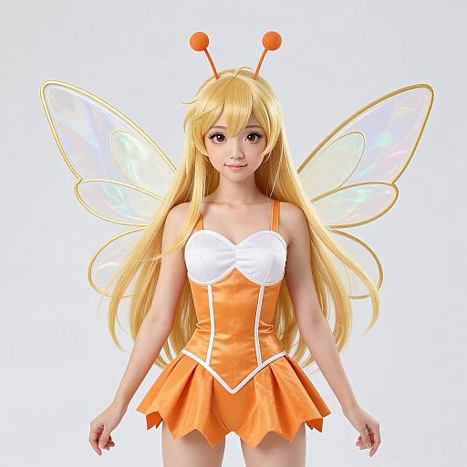 CGI image of a young woman in an orange fairy cosplay outfit with long blonde hair, antennae, and translucent wings.