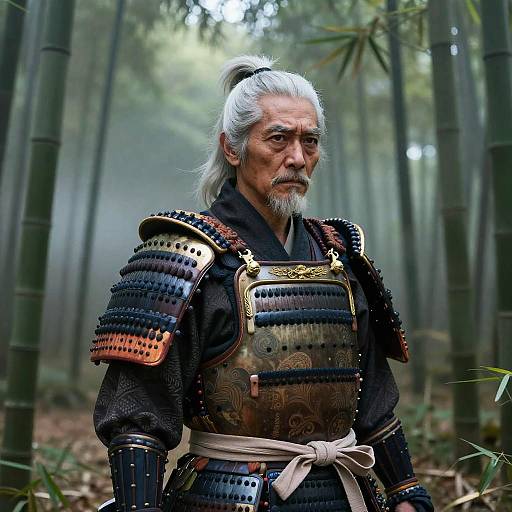Photograph of an elderly Asian man with white hair, beard, wearing detailed samurai armor, standing in a misty bamboo forest.