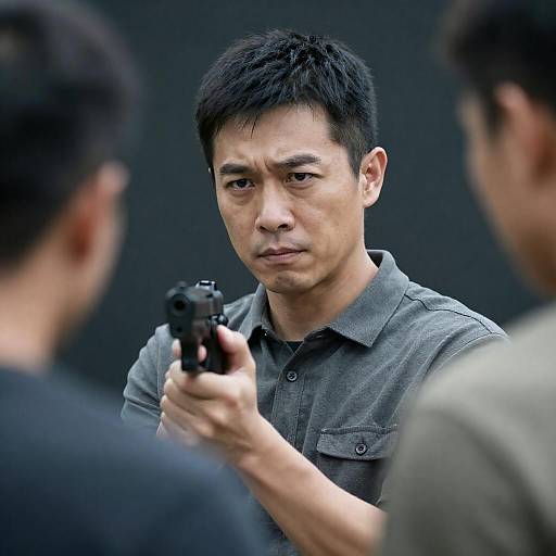 Tense Moment: Asian Man with Gun