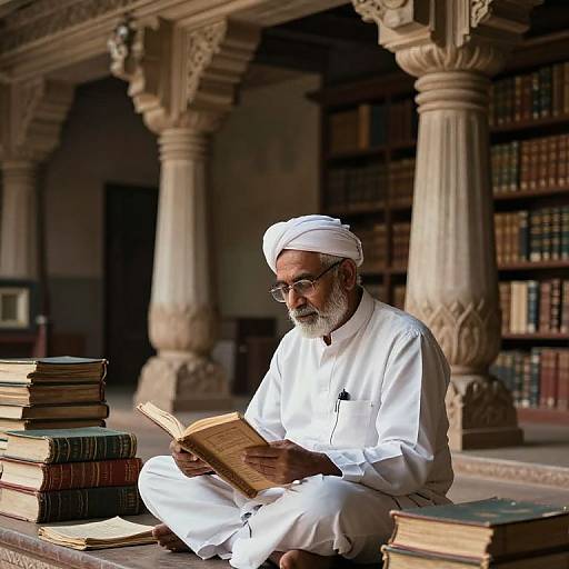 Photograph of an elderly South Asian man with a white beard and turban, wearing white traditional attire, reading in a library with ornate columns and
