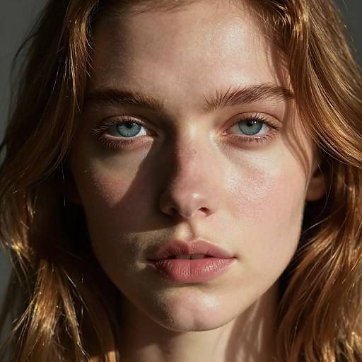 Photograph of a young woman with fair skin, blue eyes, and light brown wavy hair, illuminated by sunlight, creating dramatic shadows on her face