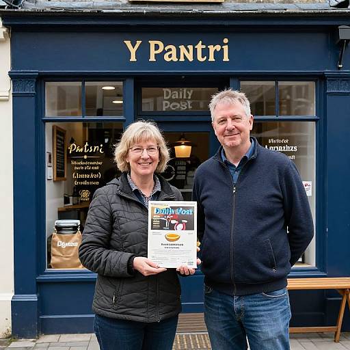 Photograph of a smiling middle-aged white couple standing outside a blue 