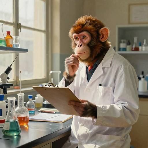 Photorealistic CGI of a thoughtful, anthropomorphic monkey in a white lab coat, holding a clipboard, surrounded by laboratory equipment.