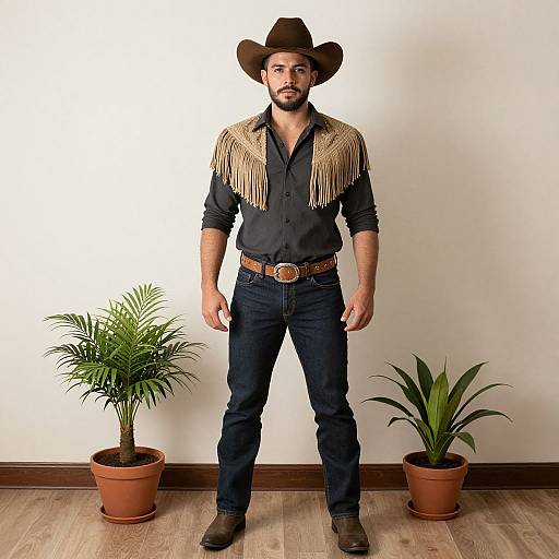 Photograph of a bearded man in black shirt, fringed cowboy shoulders, brown hat, blue jeans, brown belt, standing between two potted
