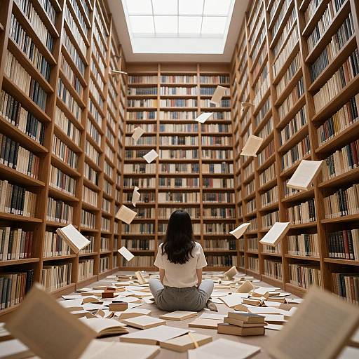 Photograph of a woman with long black hair, white shirt, and gray pants, sitting in a library with floating books.