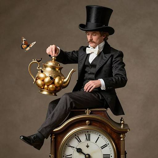Victorian-era man in black suit, top hat, and mustache, sits on a clock, pouring tea for a butterfly from a golden teapot