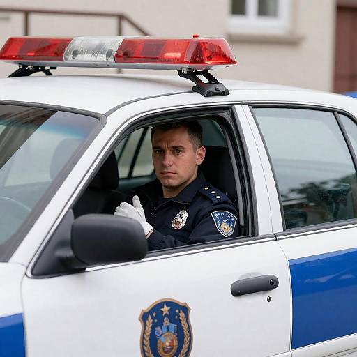 Serious Police Officer in Patrol Car