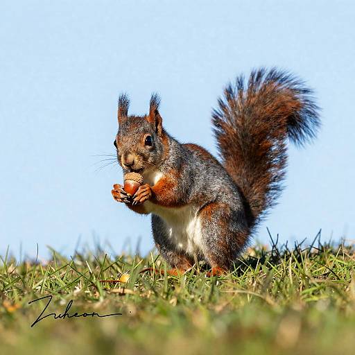 Squirrel Holding an Acorn on Grass