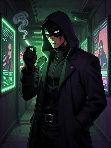 Masked Vigilante in Neon Corridor