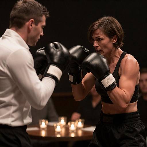 Dimly Lit Boxing: Woman Defensive Stance