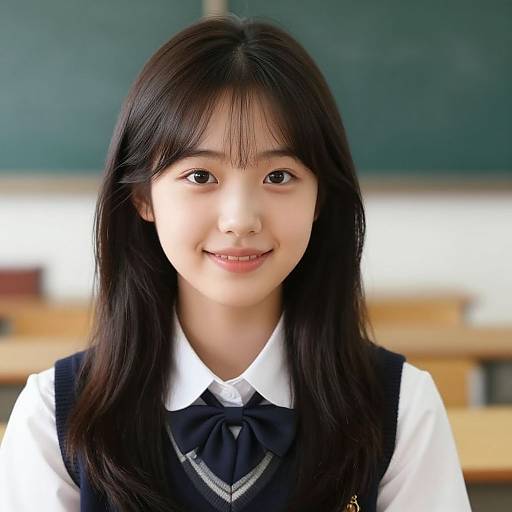 Photograph of a young Asian woman with long black hair, wearing a white shirt and black school uniform, smiling gently in a classroom with a green chalk