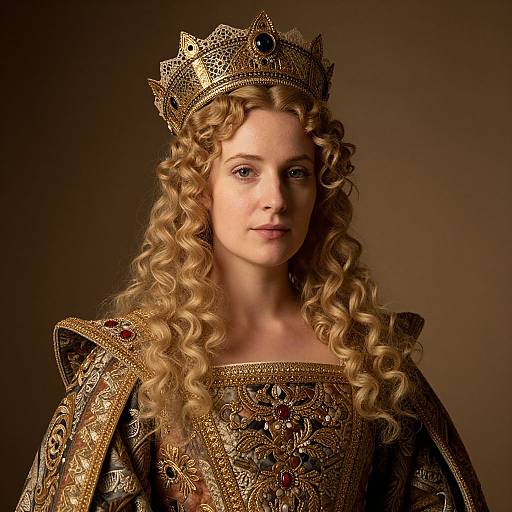 Photograph of a regal woman with long curly blonde hair, wearing an ornate gold crown and intricately embroidered medieval-style gown, against a brown