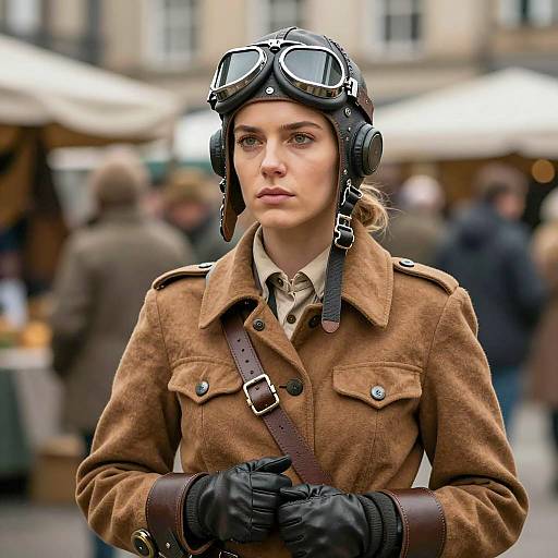 Woman in Vintage Aviator Outfit in Urban Market