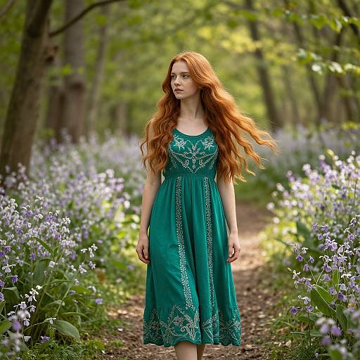 Photograph of a red-haired woman in a green lace dress standing in a forest path lined with blooming purple flowers.