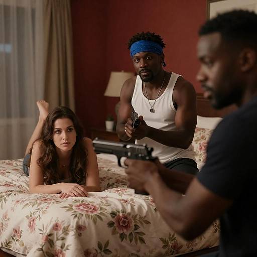 Tense moment in bedroom with armed individuals