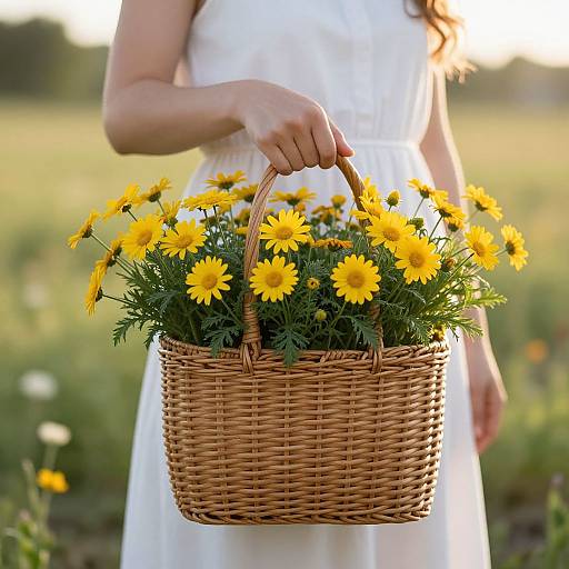 Photograph of a woman in a white dress holding a wicker basket filled with vibrant yellow daisies, standing in a sunlit meadow.