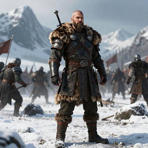 Stoic Viking Warrior in Snowy Battlefield