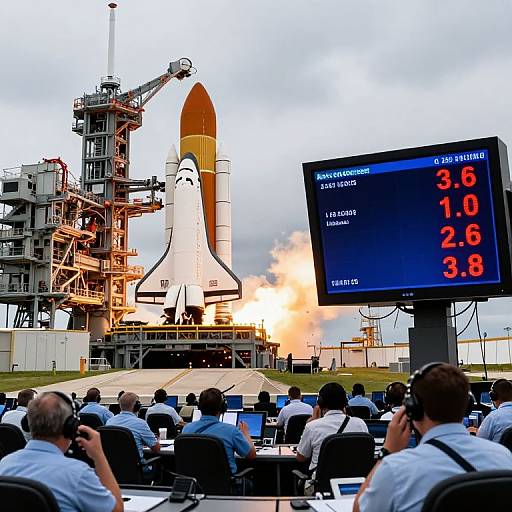 Photograph of a SpaceX launch, showing a rocket with orange and white, surrounded by scaffolding, and spectators with laptops, watching a countdown timer at