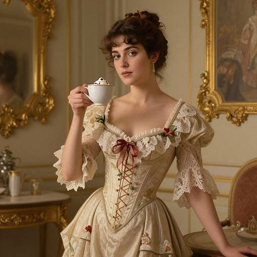 Photorealistic digital painting of a Victorian woman with curly brown hair, lace-trimmed cream dress, holding a white teacup, in an