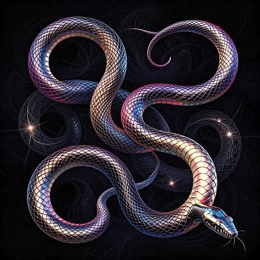 Digital artwork of a vibrant, neon-colored snake with iridescent scales, twisting dynamically against a dark, star-speckled background.