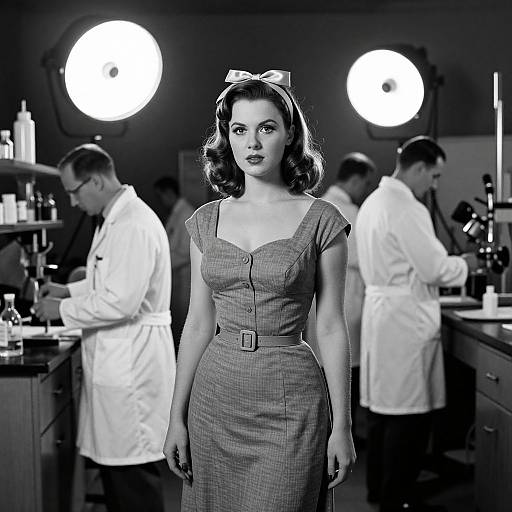 Black-and-white photograph of a 1950s-style woman in a checkered dress and bow headband, standing in a laboratory with two scientists in