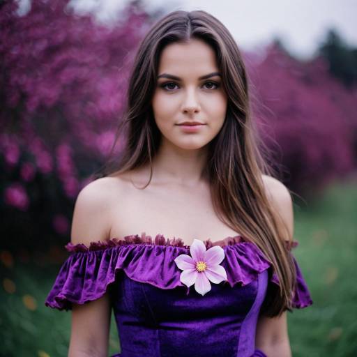 Young Woman in Purple Off-Shoulder Dress with Flower