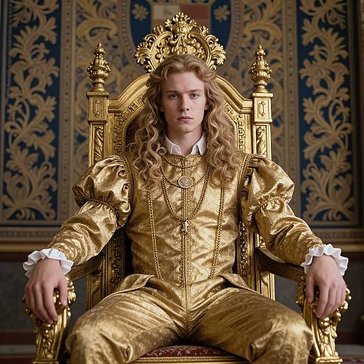 Photograph of a young man with long, curly blonde hair, wearing a gold, ornate Renaissance-style suit and crown, seated on an elaborately