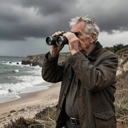 Photograph of an elderly man with gray hair, wearing a dark brown jacket, using binoculars on a stormy beach with waves crashing in the