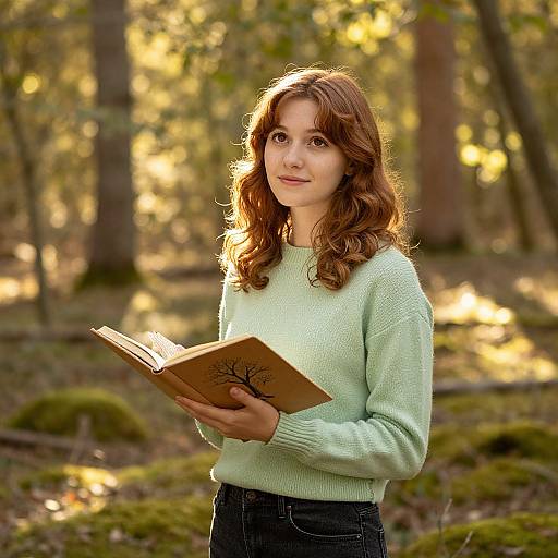 Young woman with wavy brown hair, wearing a light green sweater, reading a book with a tree design, in a sunlit forest. Photoreal