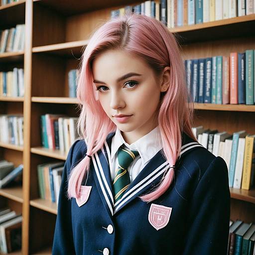 Teen Girl with Pastel Pink Hair in School Uniform