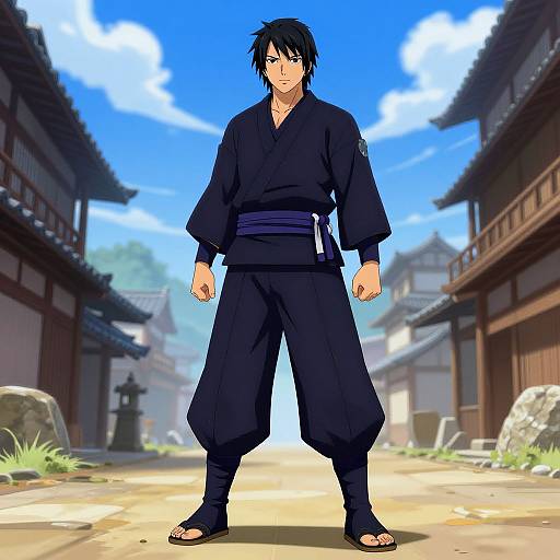 Anime-style drawing of a handsome young man with black hair, wearing a black martial arts gi, standing confidently in a traditional Japanese village under a bright blue