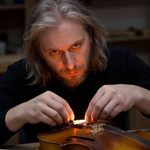 Photograph of a middle-aged man with long gray hair and beard, intently repairing a violin by candlelight, wearing a black shirt.