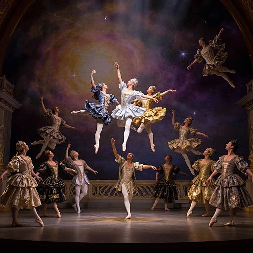 Photograph of a ballet performance: Dancers in elaborate costumes leap and pose mid-air against a dark, starry stage backdrop. Central ballerinas