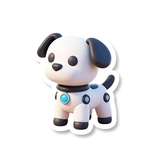 Cute, digital 3D-rendered cartoon dog with white and black body, black ears and paws, black nose, and blue gem collar