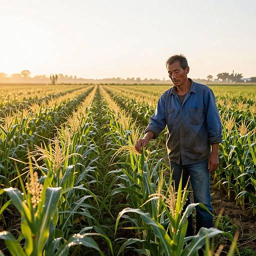 Photograph of an Asian man in blue denim shirt and pants, standing in a sunlit cornfield with rows of tall, green plants stretching into the