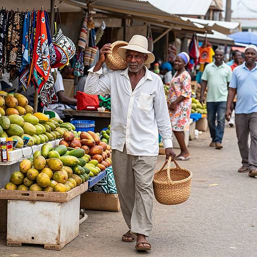 Photograph of an elderly African man in white shirt and beige hat, carrying a woven basket, walking through a vibrant market with colorful fruits, textiles,