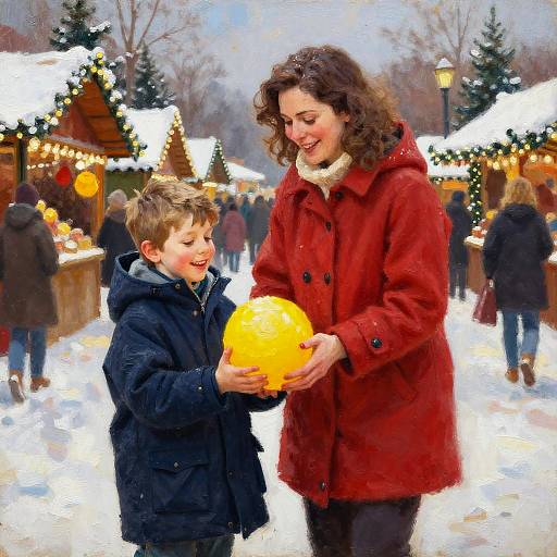 Photograph of a curly-haired woman in a red coat and a young boy in a blue coat holding a yellow balloon at a snowy Christmas market, surrounded