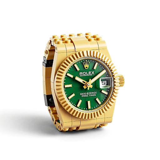 Photograph of a gold Rolex watch with a green dial, gold crown logo, date window, and 