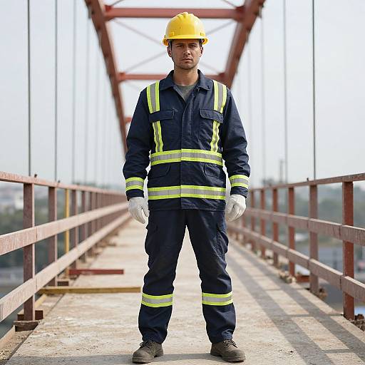 Photograph of a serious male construction worker in yellow hard hat, navy uniform with reflective stripes, white gloves, standing on a red metal bridge.