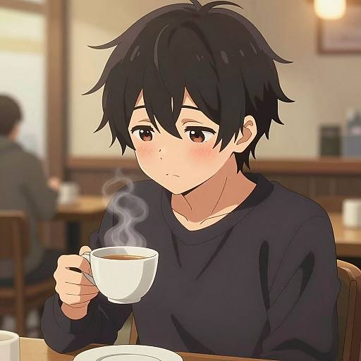 Anime-style digital drawing of a shy, black-haired boy with brown eyes, wearing a black sweater, holding a steaming white cup in a cozy,